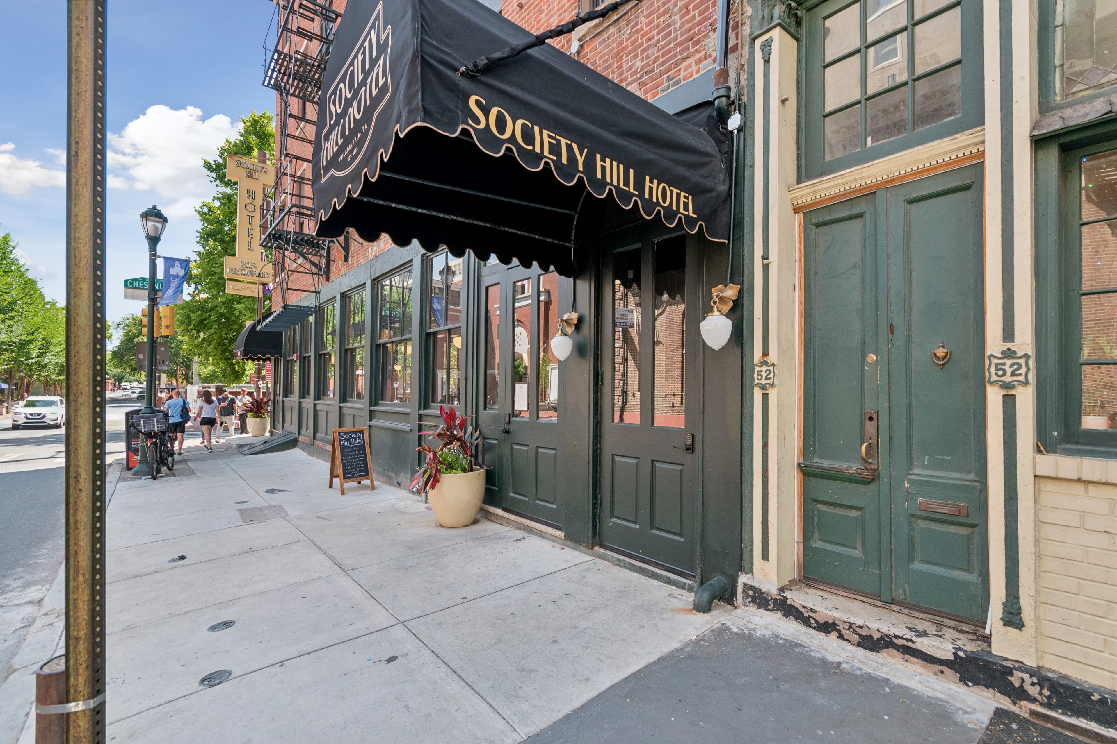 The Society Hill Hotel entrance at 301 Chestnut — awning and front door