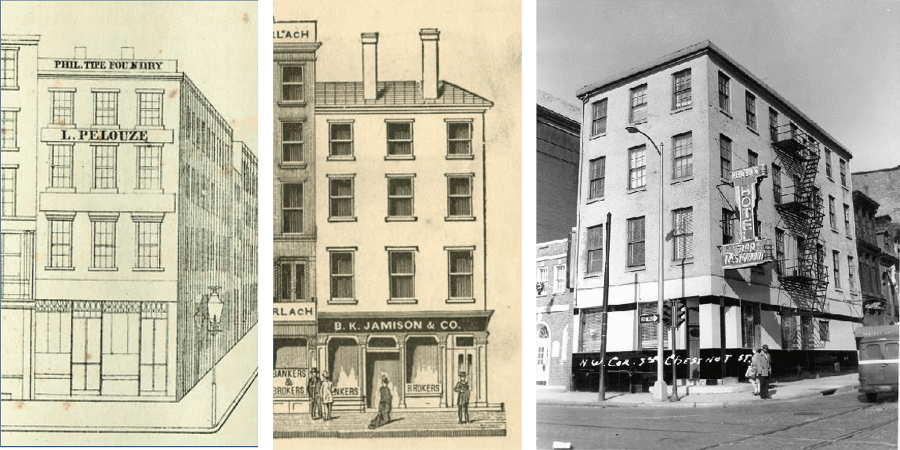 301 Chestnut through time — two 19th-century architectural drawings and a mid-century black-and-white photograph of the building